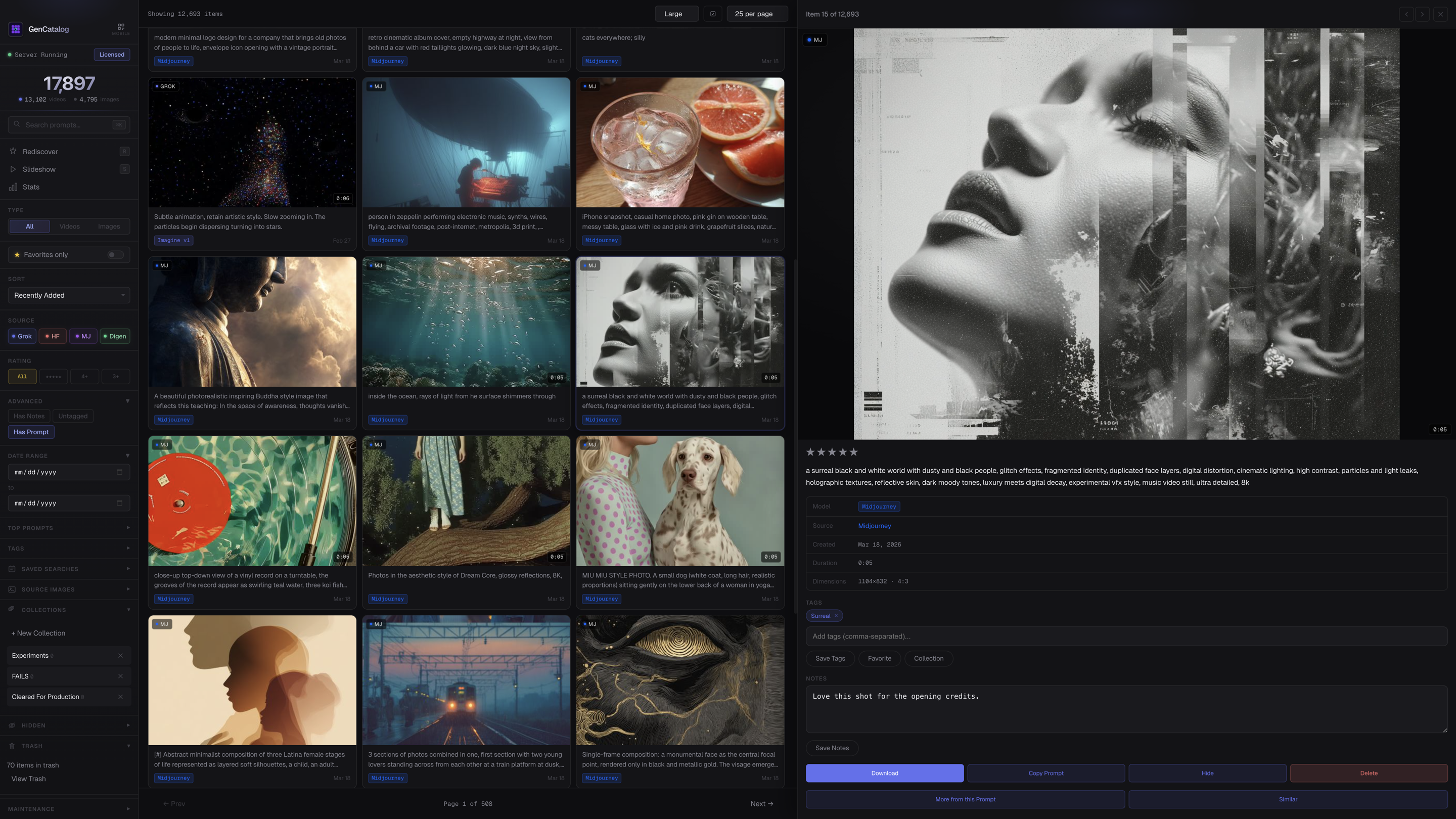 GenCatalog AI image organizer showing sidebar, media grid, and detail panel with full prompt and metadata