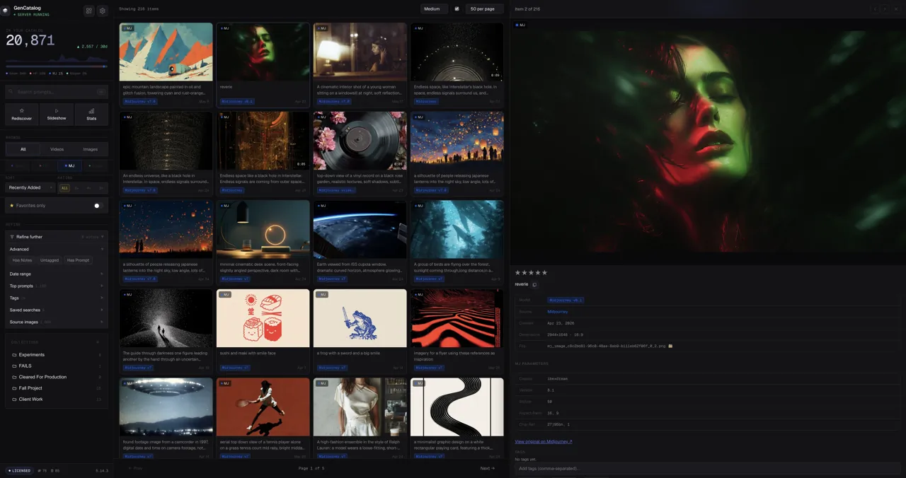 GenCatalog showing an AI generation library with search, filters, and generation details