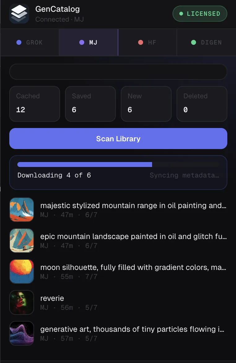 GenCatalog Chrome extension showing scan status and recent saves
