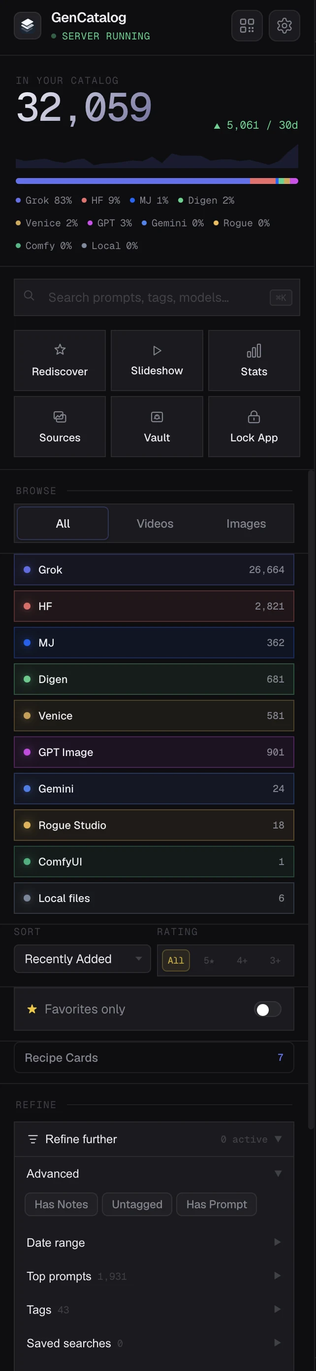 GenCatalog sidebar showing catalog totals, generation sources, saved searches, ratings, and advanced refine controls