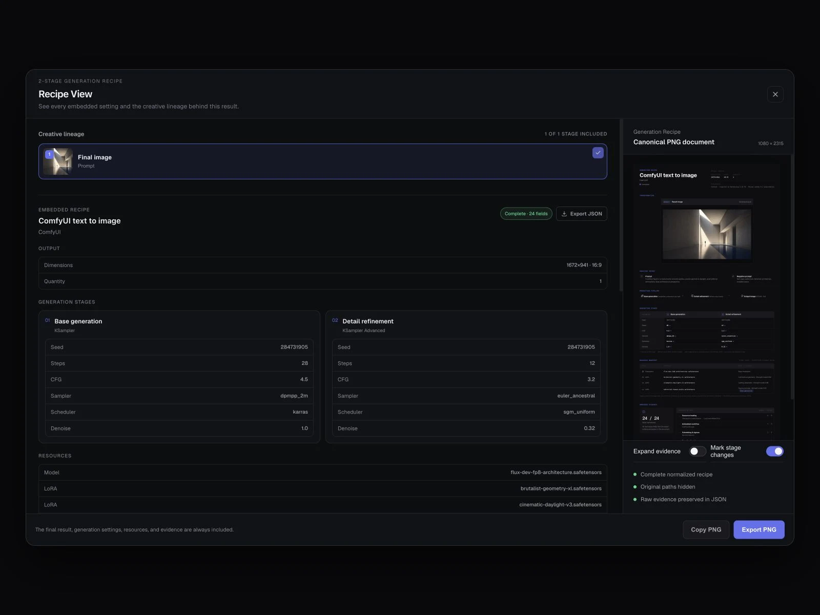 GenCatalog Generation Recipe view showing workflow stages, prompts, settings, resources, and original evidence