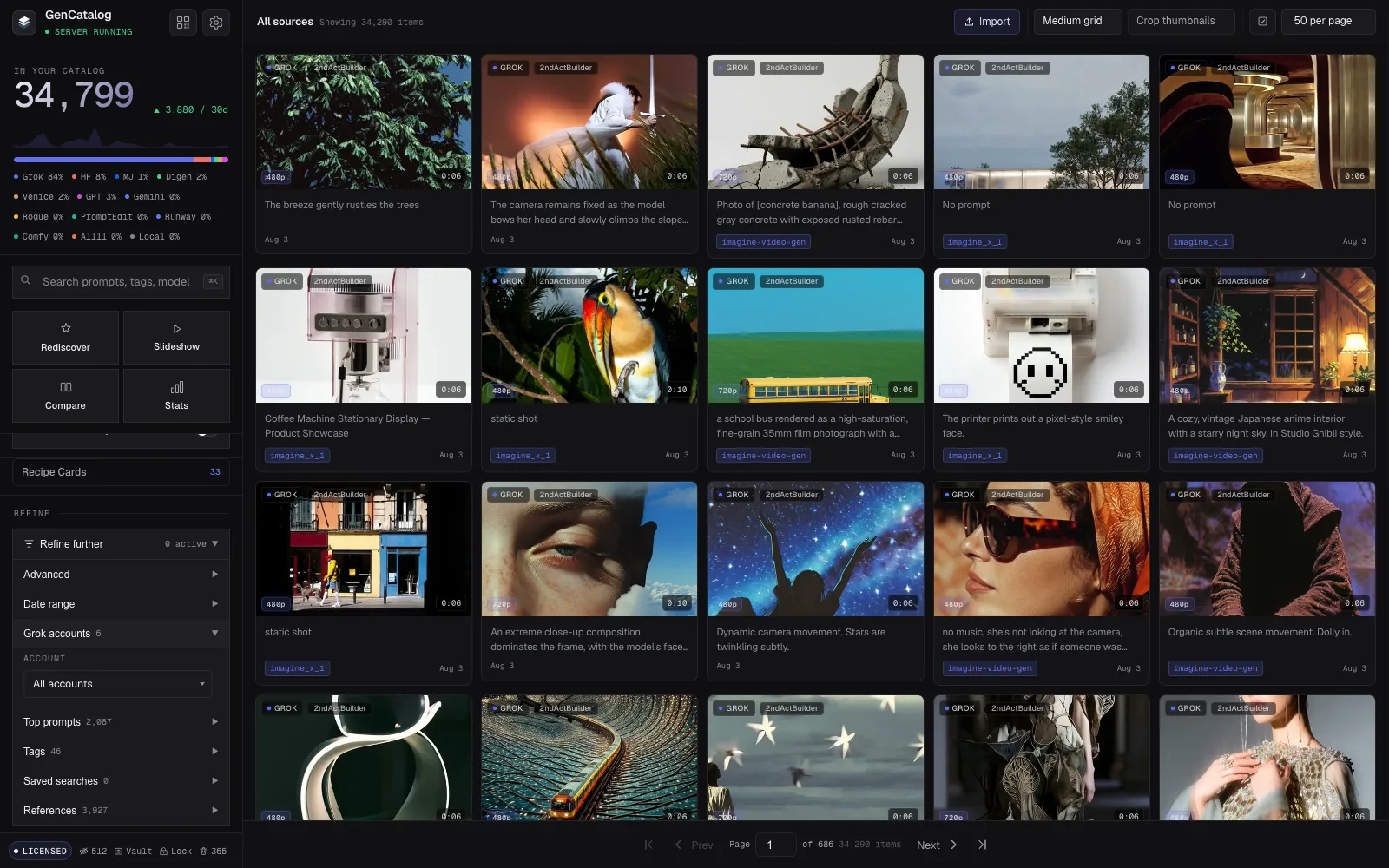 Current GenCatalog library with the Grok accounts refinement open, showing six source accounts inside one catalog