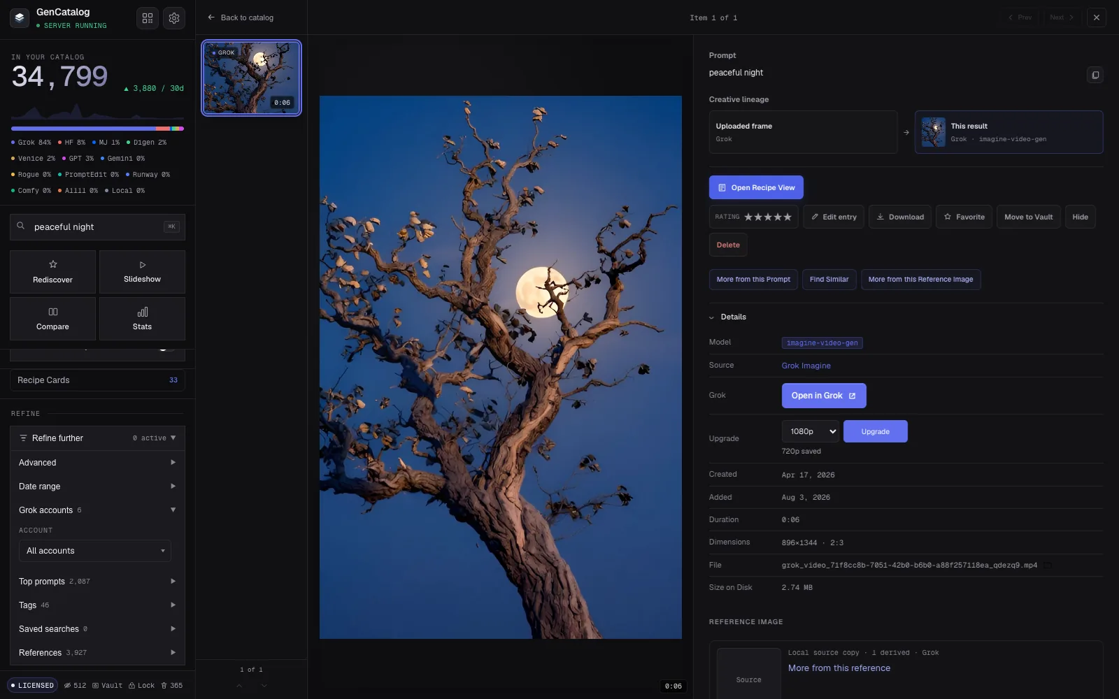 Current GenCatalog Grok detail view showing an uploaded frame, resulting video, local source copy, related-item discovery, Open in Grok, and a 1080p upgrade control for Grok Heavy subscribers