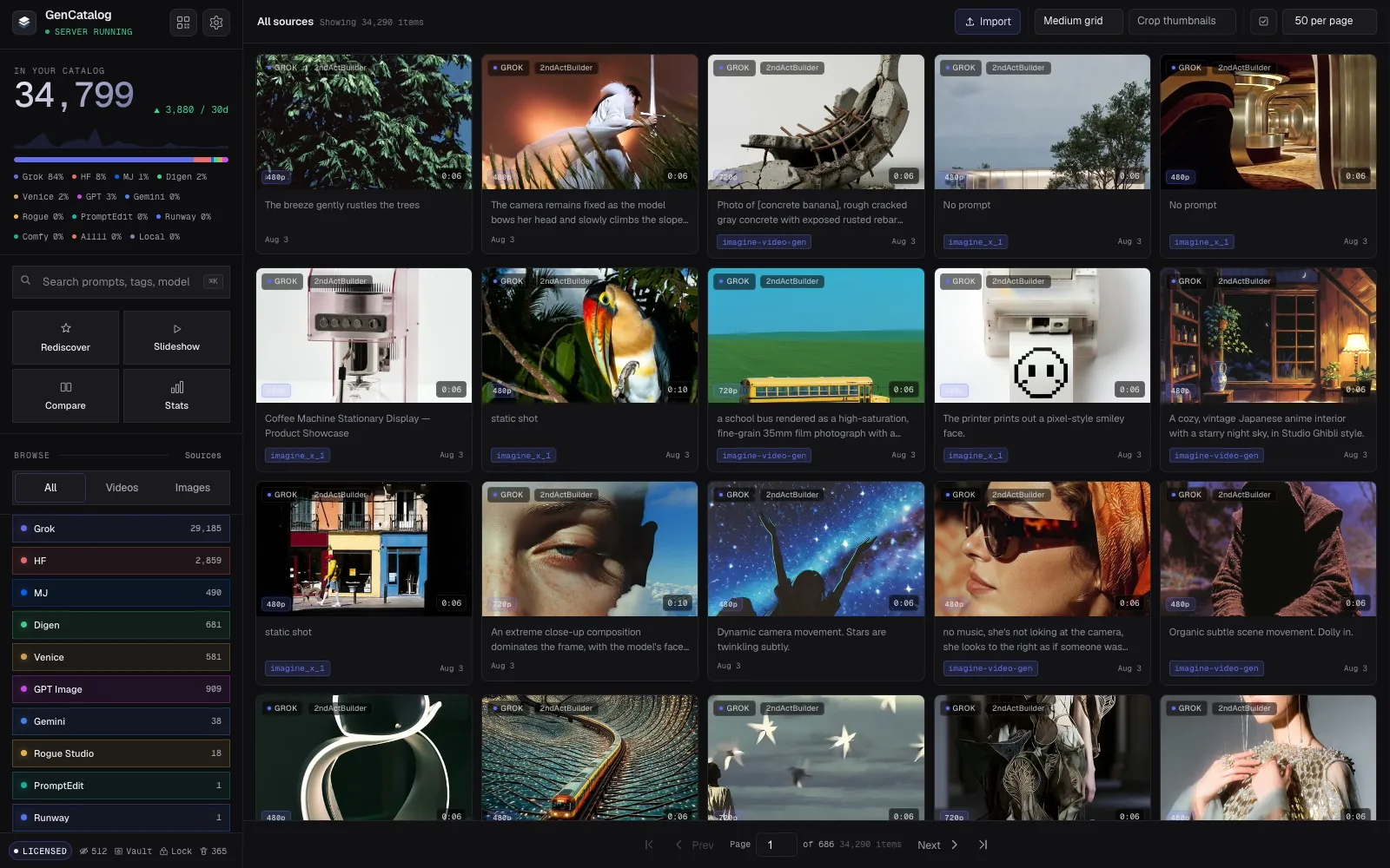 The current GenCatalog app showing a public-safe Grok Imagine library with search, source filters, quality badges, account labels, and nearly 35,000 catalog items