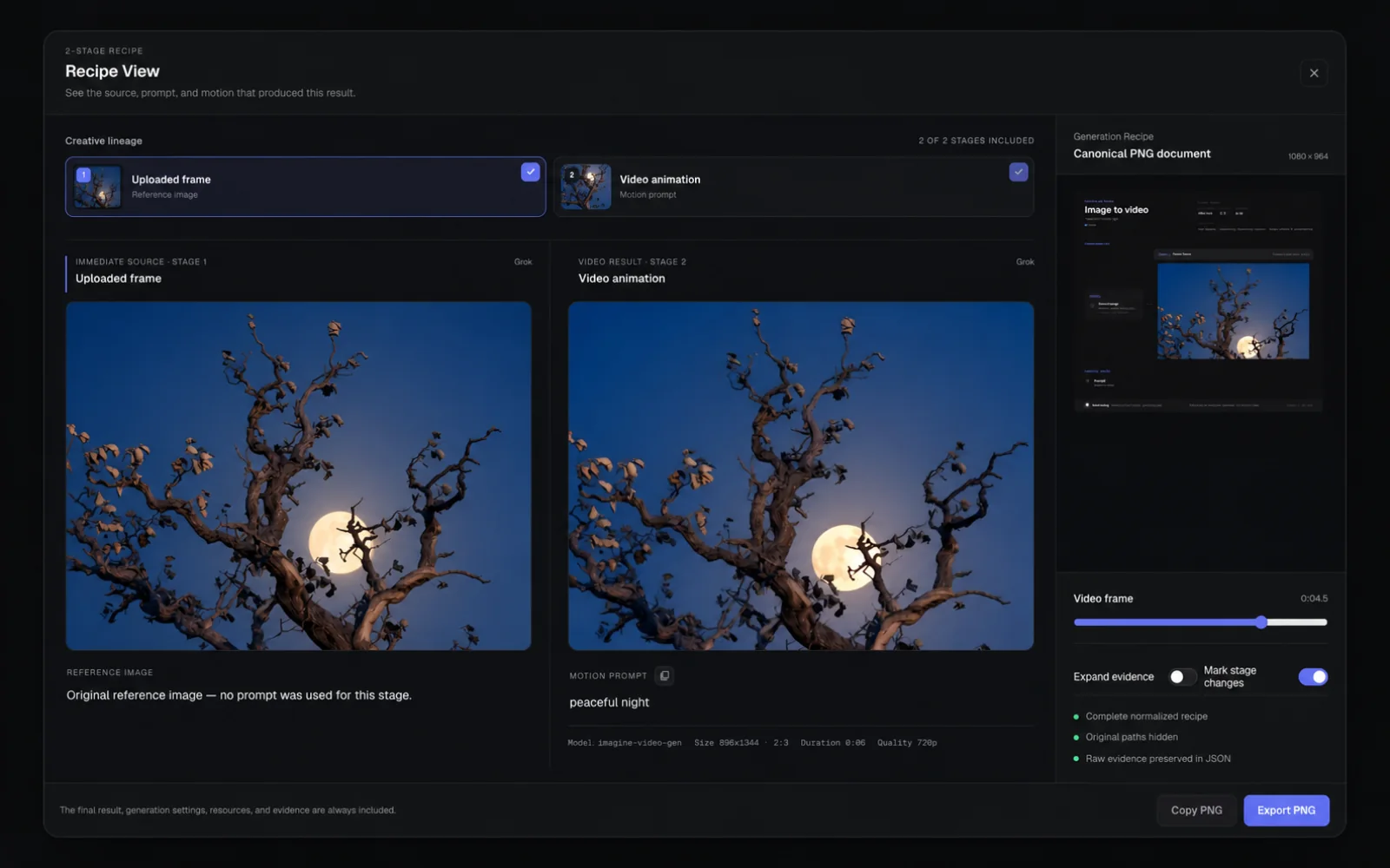 Current GenCatalog Recipe View for a Grok image-to-video generation, showing an illustrative source preview, motion prompt, result, canonical recipe document, and PNG export