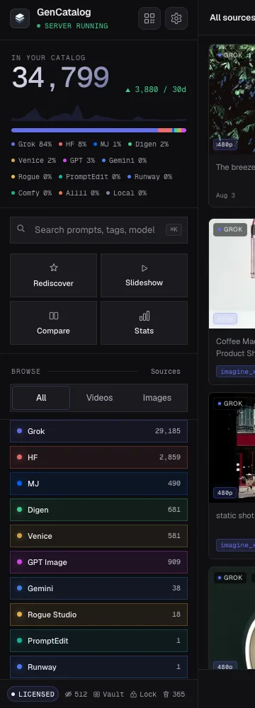 Current GenCatalog sidebar showing a nearly 35,000-item catalog, universal search, Rediscover, Slideshow, Compare, Stats, and source filters