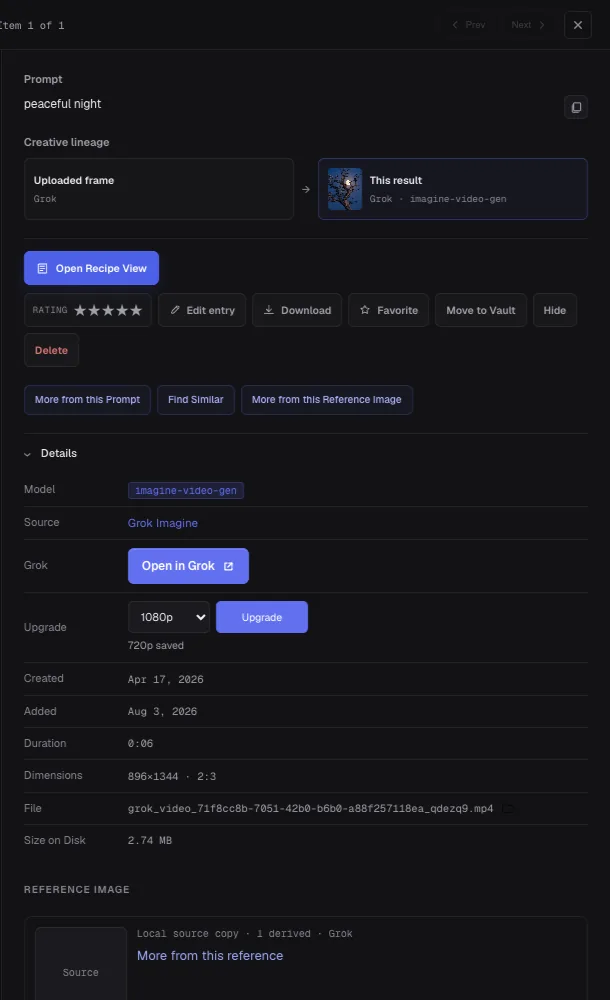 Current GenCatalog Grok detail controls showing the original prompt and lineage, Open in Grok, a 1080p upgrade selector for Grok Heavy subscribers, 720p saved status, original creation date, file details, and local reference state