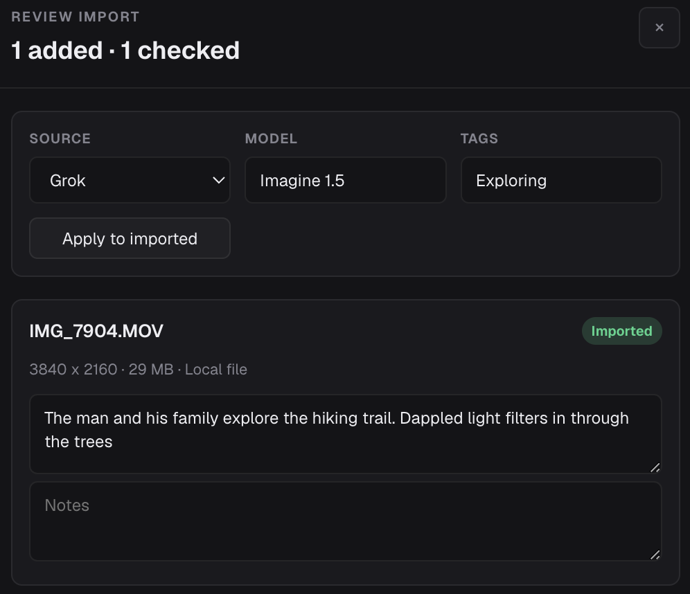 GenCatalog local import review panel showing source, model, tags, prompt, notes, and imported status.