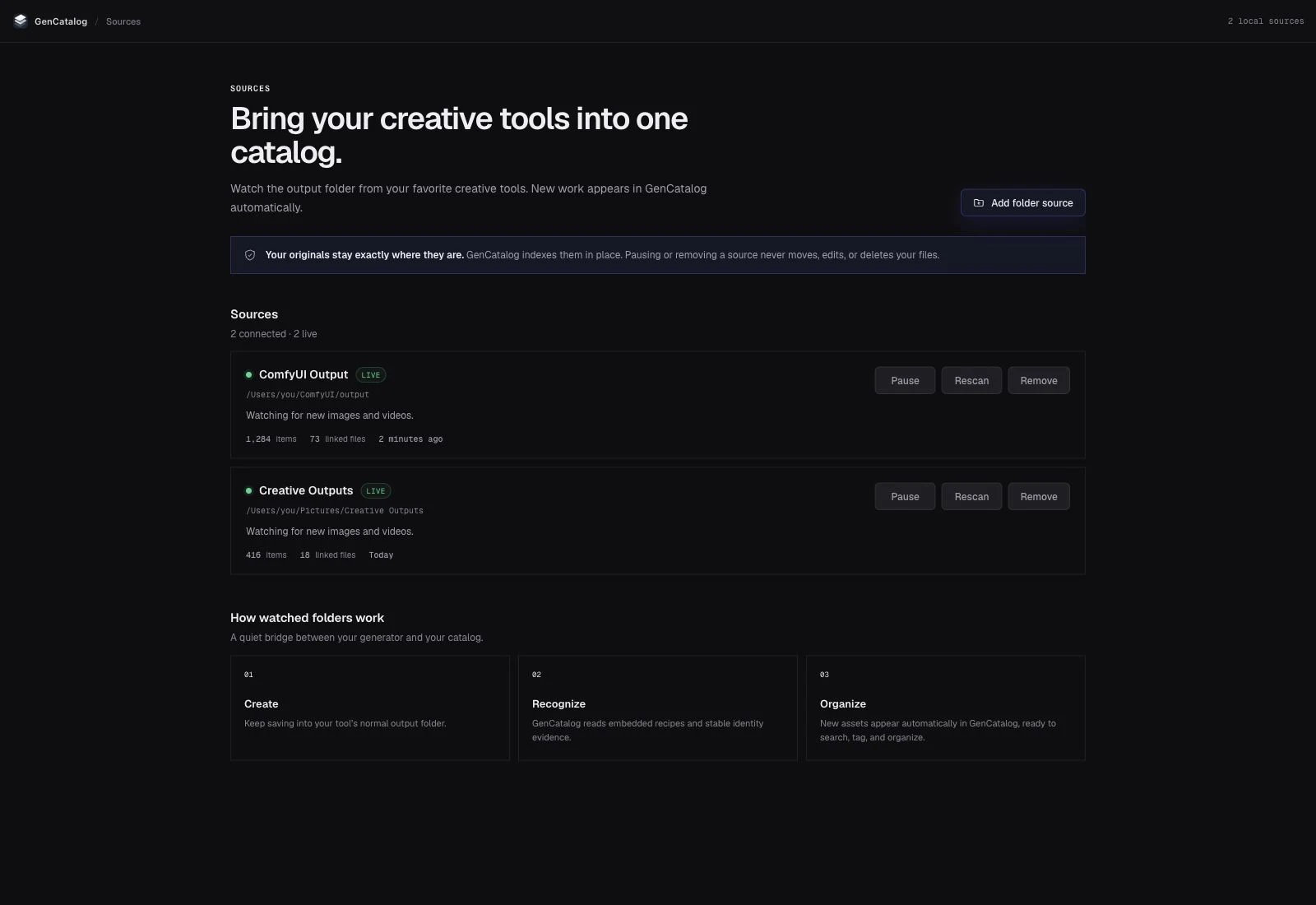 GenCatalog Sources screen showing connected watched folders, their live status, and how new work is added automatically